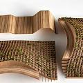 Wooden Outdoor Chair With Wavy Design And Lattice Structure Featuring Green Plants