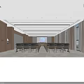 Conference Room Interior With Arranged Tables Chairs Large Screen Wooden Decor And Ceiling Light Strips