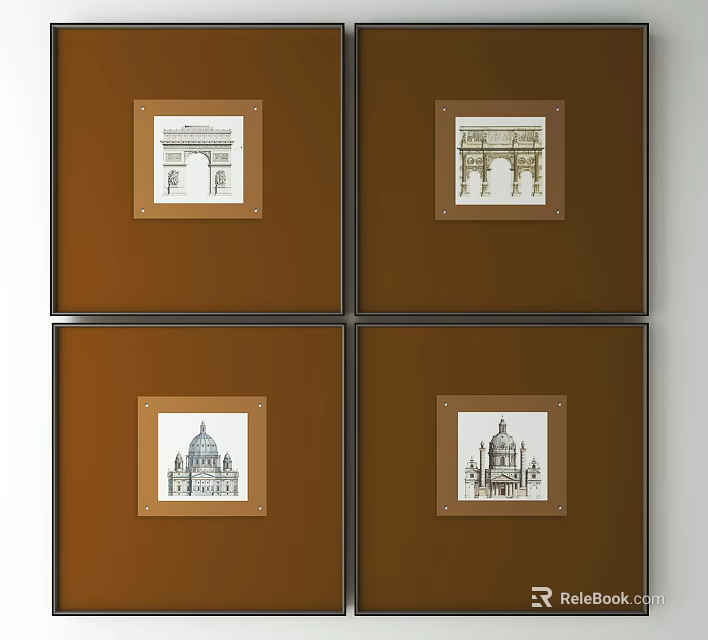 Brown Framed Architectural Illustrations for Wall Decor in Home Interiors 3d model