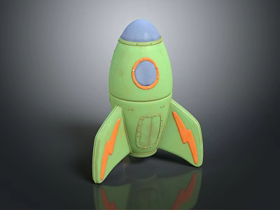 Green Rocket Toy With Blue Top Orange Fins And Round Window Design 3d model