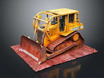 Yellow Bulldozer Model With Tracks Blade On Red Mat Dark Background 3d model
