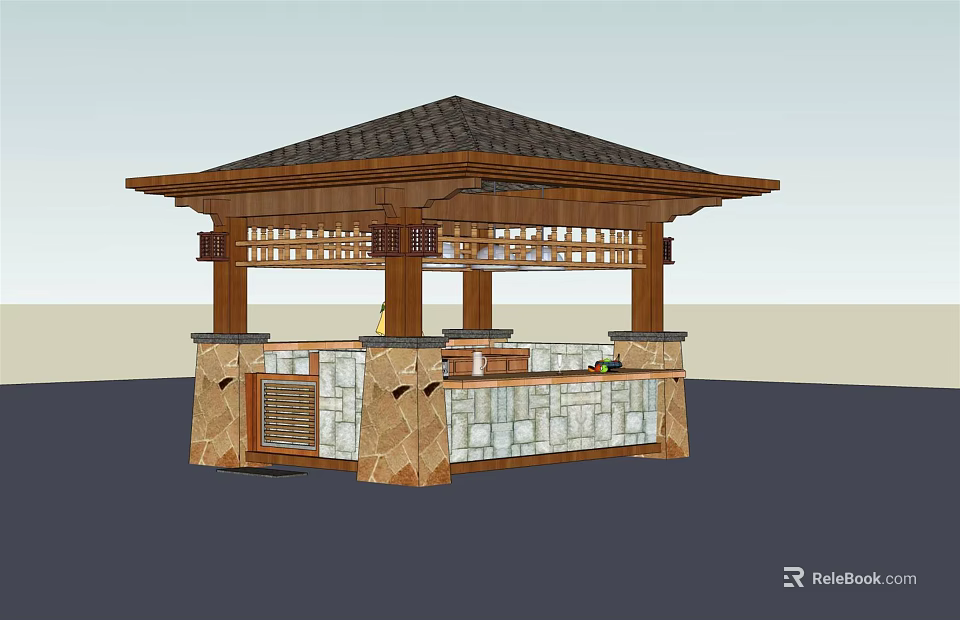 Traditional Garden Pavilion Featuring Wooden Roof Stone Pillars And Grille Accents 3d model 