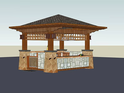 Traditional Garden Pavilion Featuring Wooden Roof Stone Pillars And Grille Accents 3d model