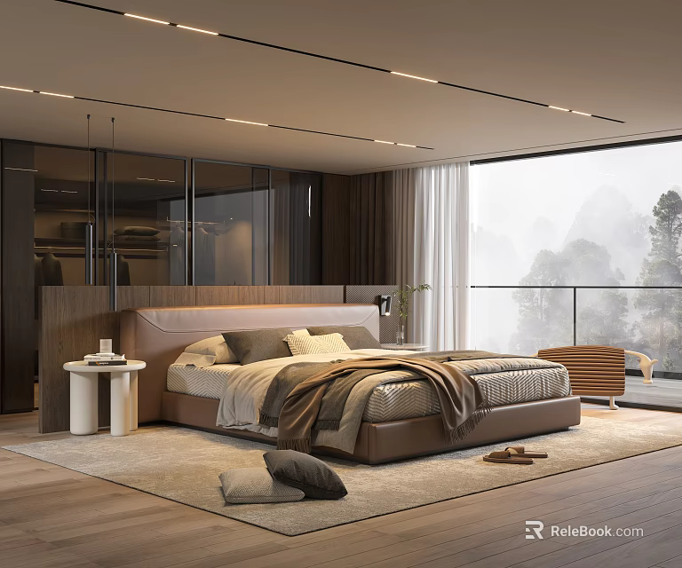 Modern Bedroom Design With Upholstered Headboard Large Window Mountain View Area Rug And Accent Chair 3d model 