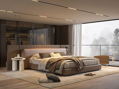 Modern Bedroom Design With Upholstered Headboard Large Window Mountain View Area Rug And Accent Chair 3d model