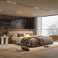 Modern Bedroom Design With Upholstered Headboard Large Window Mountain View Area Rug And Accent Chair