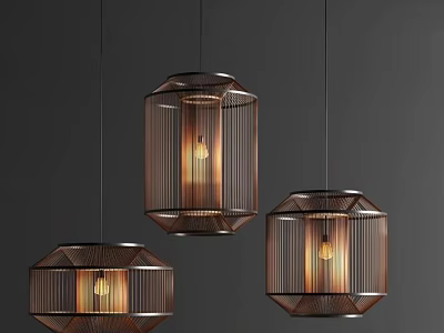 Modern Geometric Pendant Lights with Metal Frame Woven Mesh Design Emit Warm Yellow Glow 3d model
