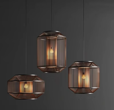Modern Geometric Pendant Lights with Metal Frame Woven Mesh Design Emit Warm Yellow Glow 3d model