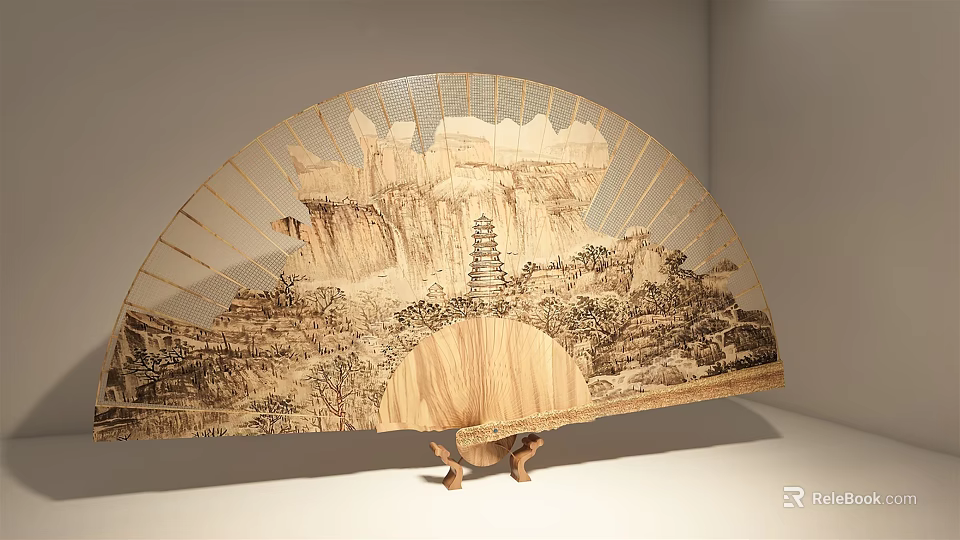 Exhibition Hall Displaying Fan With Landscape Carving On Wooden Stand And White Background 3d model 