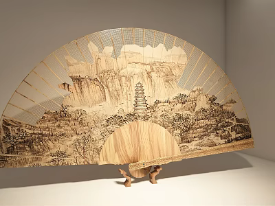 Exhibition Hall Displaying Fan With Landscape Carving On Wooden Stand And White Background 3d model