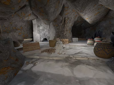 Ancient Cave Interior Featuring Stone Structures Baskets Pottery Jars and Stone Floor 3d model