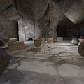 Ancient Cave Interior Featuring Stone Structures Baskets Pottery Jars and Stone Floor