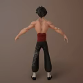 3D Game Movie Character Muscular Torso Red Sash Black Patterned Pants White Socks Outstretched Arms