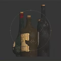 Vintage Glass Bottles With Different Shapes Labels On Dark Reflective Surface