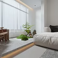 Modern Living Dining Room With Light Gray Sofa Wooden Coffee Table And Green Plants