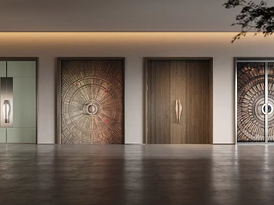 Modern Decorative Entrance Doors with Intricate Patterns Wooden Texture and Glass Elements in Contemporary Interior 3d model