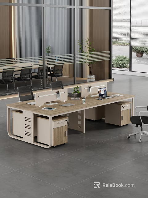 Modern Office Desk With Wooden Top Black Chair Laptop Potted Plant And Storage 3d model 