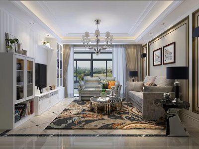 Elegant Living Room Interior Design With Chandelier Sofa Coffee Table And Area Rug 3d model