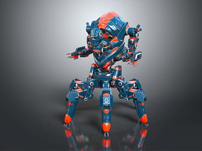 Robot Character And Biomechanical Creature Blue Red Multi Legged Structure Design 3d model