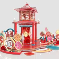 Traditional Chinese Festival Decoration With Red Pavilion Lanterns And Gold Accents