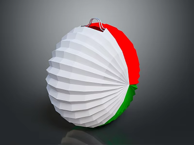 Pleated Origami Paper Lantern With White Red Green Design And Hanging Hook For Home Decor 3d model