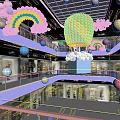Vibrant Shopping Mall Interior With Colorful Balloons Rainbow Decorations And Multi Level Stores