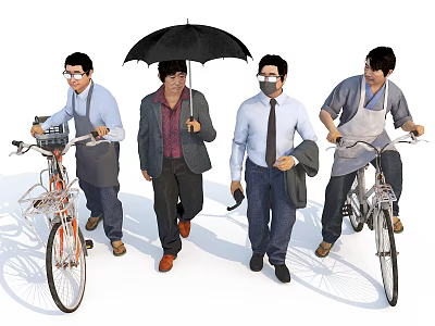 Four People Walking Together With Bicycles Umbrella and Various Outfits 3d model