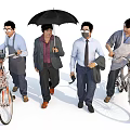 Four People Walking Together With Bicycles Umbrella and Various Outfits