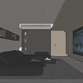 Modern Home Theater Interior Design With Black Leather Sofa Large Screen TV And Area Rug