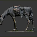 Bronze Horse Statue With Saddle Bowing Head On Grass Covered Base