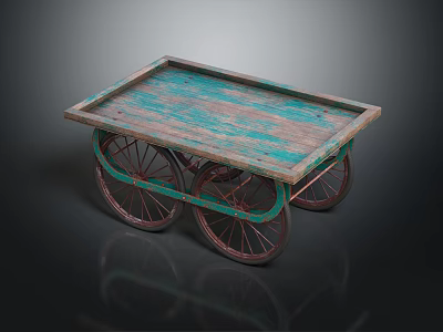 Vintage Wooden Cart With Turquoise Weathered Surface And Spoked Wheels 3d model