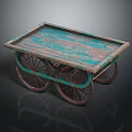 Vintage Wooden Cart With Turquoise Weathered Surface And Spoked Wheels