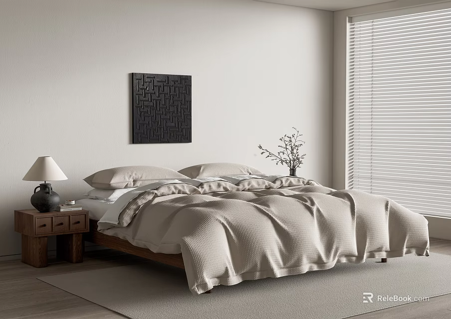 Double Bed with Beige Quilt Pillows Wooden Nightstand Lamp Black Abstract Art Window Blinds 3d model 