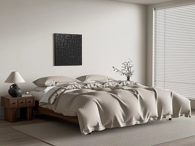 Double Bed with Beige Quilt Pillows Wooden Nightstand Lamp Black Abstract Art Window Blinds 3d model