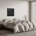 Double Bed with Beige Quilt Pillows Wooden Nightstand Lamp Black Abstract Art Window Blinds