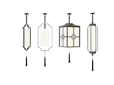 Various Traditional Chinese Chandeliers With Black Frames White Shades And Tassels 3d model