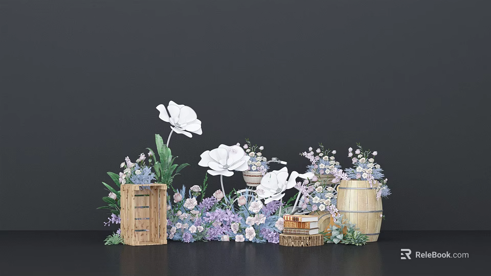 Decorative Floral Display With White Large Flowers Purple Lavender Blooms Wooden Crates And Barrels 3d model 
