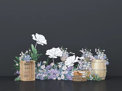Decorative Floral Display With White Large Flowers Purple Lavender Blooms Wooden Crates And Barrels 3d model