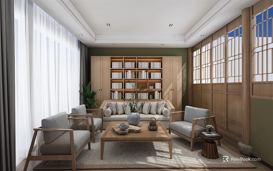 Living Room Interior With Wooden Bookshelf Sofa Chairs Coffee Table And Plant 3d model 