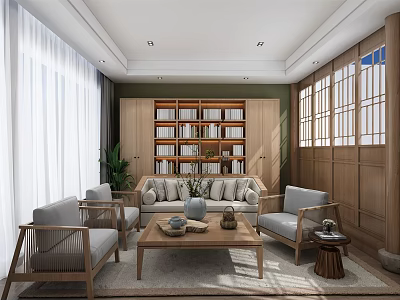 Living Room Interior With Wooden Bookshelf Sofa Chairs Coffee Table And Plant 3d model