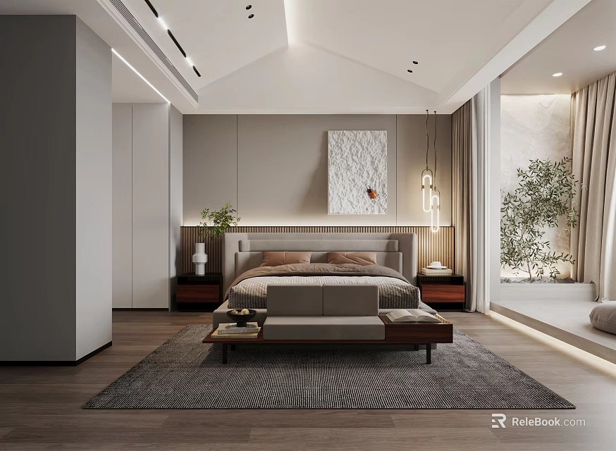 Modern Bedroom Interior Design With Comfortable Bed Nightstands Area Rug Pendant Lights And Wall Art 3d model 