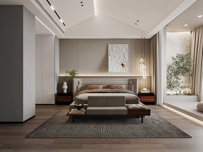 Modern Bedroom Interior Design With Comfortable Bed Nightstands Area Rug Pendant Lights And Wall Art 3d model