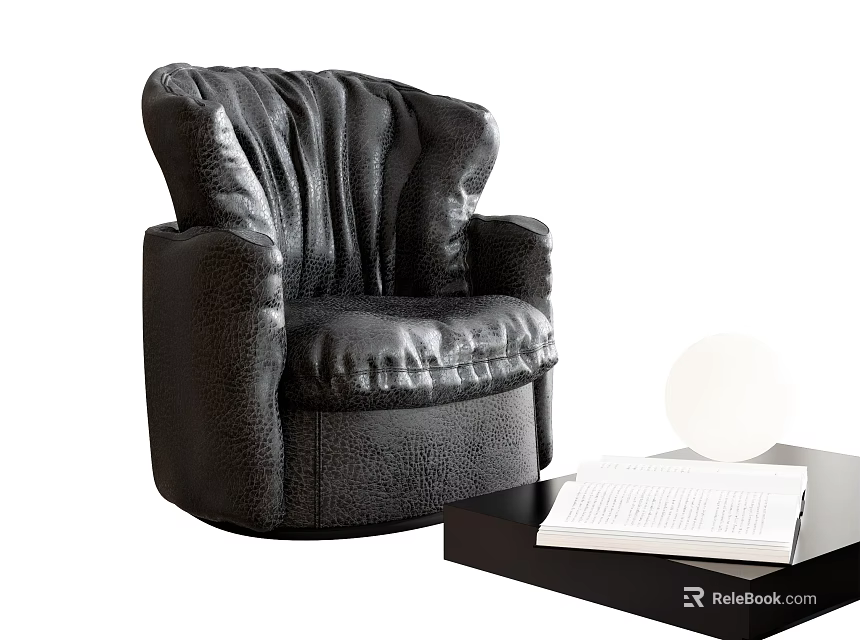 Black Leather Single Sofa with Pleated Design and Side Table Open Book White Globe 3d model