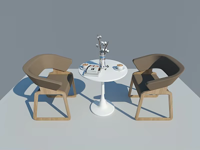 Brown Sofa Chairs With Wooden Legs And White Round Coffee Table Set With Vase Cups 3d model