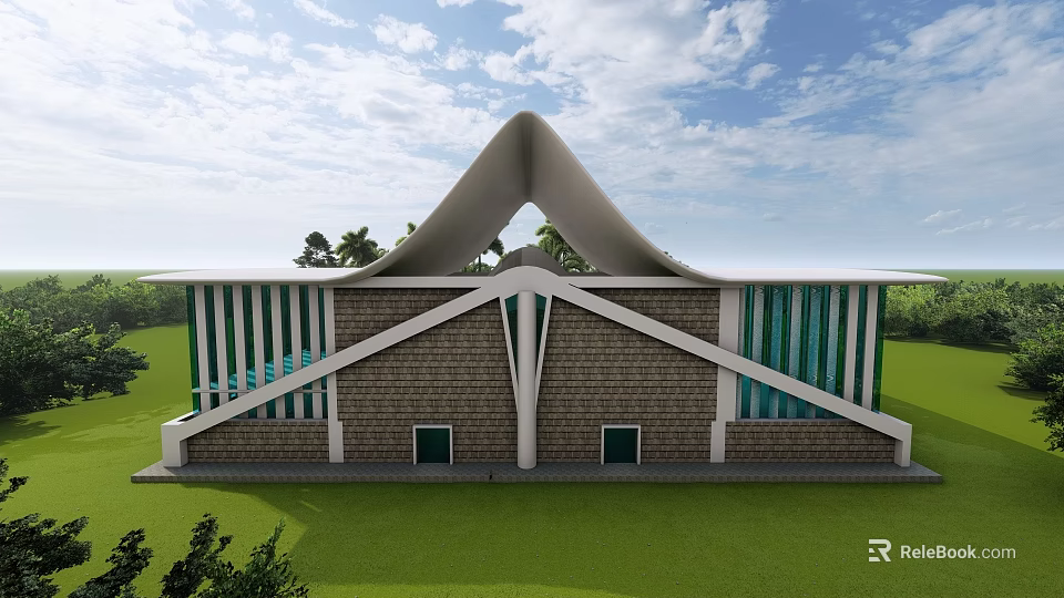 Modern Architectural Building With Unique Curved Roof And Glass Windows On Green Lawn 3d model 