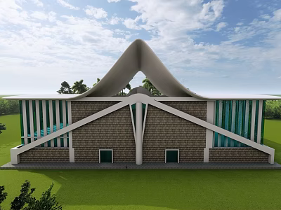 Modern Architectural Building With Unique Curved Roof And Glass Windows On Green Lawn 3d model