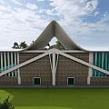 Modern Architectural Building With Unique Curved Roof And Glass Windows On Green Lawn
