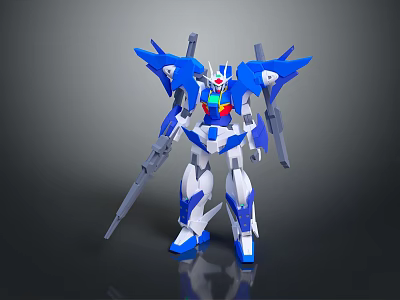 Blue and white sci-fi robot model with winged shoulders and holding weapons 3d model
