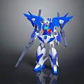 Blue and white sci-fi robot model with winged shoulders and holding weapons 3d model