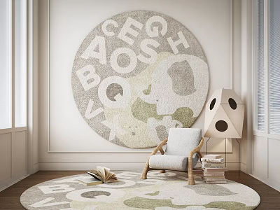 Round Area Rug In Cozy Room With Chair And Wall Decor 3d model